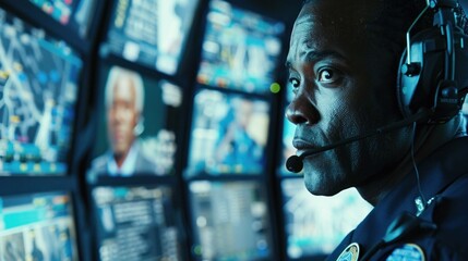 911 emergency call center with operators and security guards ready to respond to crises.