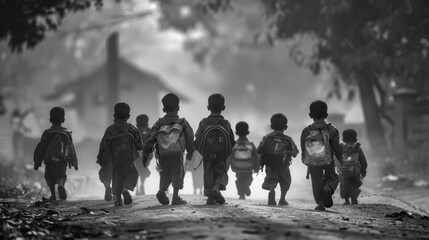 School Boys with Backpacks - Capturing innocence and the journey of learning. - obrazy, fototapety, plakaty