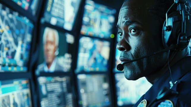 911 emergency call center with operators and security guards ready to respond to crises. - Powered by Adobe