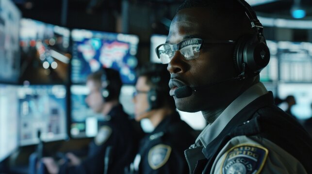 911 Emergency Call Center - Operators and security guards standing ready to respond to crises in the nerve center of a 911 emergency call center, ensuring community safety.