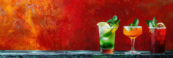 horizontal banner, Mexican national drink, various alcoholic cocktails decorated in honor of Mexico's Independence day, copy space, free space for text