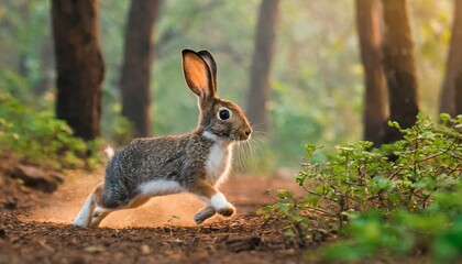 Naklejka na ściany i meble A hare running in a forest, environmental awareness, climate change, ecology