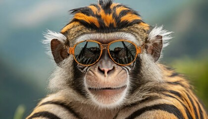 monkey with tiger stripes wearing aviator dark sunglasses, fantasy animals - Powered by Adobe