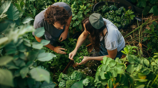 A couple tending to plants in a lush garden. Modern homesteading