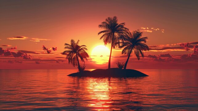 The sun setting over the ocean, casting a warm orange glow on the palm trees and small island in the distance. The calm waters reflect the sky, creating a serene atmosphere.