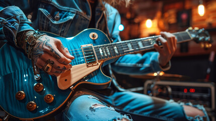 Close-up of a musician playing an electric guitar, showcasing hands and strings with a blurred...