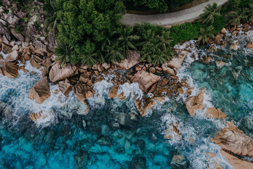 drone view ocean with rocks and waves
