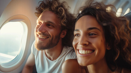 Joyful couple smiling on an airplane, ready for a trip. - obrazy, fototapety, plakaty