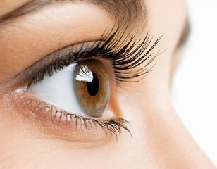 Obraz premium Very close up woman eye with details... looking to the side; macro shooting of open eyes 