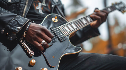 Close-up of a musician playing an electric guitar, showcasing hands and strings with a blurred background. - 764714281