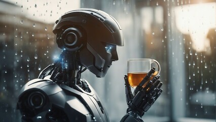 Generative AI. decentralized ledger, cryptographic, distribution network, immutable database, transaction data. robot drinking tea. NFT, science fiction, bots, future technology. holding cup of tea. 