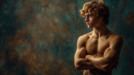 Muscular young man posing with crossed arms against a textured blue background, evoking classical sculpture aesthetics.