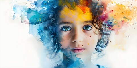 Vibrant watercolor portrait of a unique child with colorful ink splashes. Concept Watercolor Portrait, Unique Child, Colorful Ink Splashes, Vibrant Art, Creative Photography