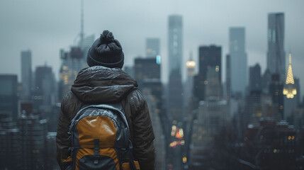 Person with backpack looking at a foggy city skyline