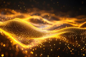 Forming a dynamic and futuristic abstract background, glowing golden particle waves are illustrated digitally, adding depth and movement to the scene.