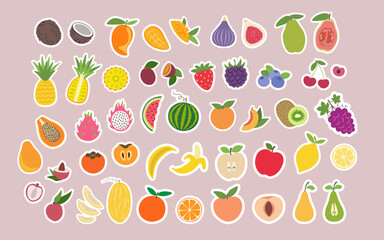 Sticker pack fruits and berries in flat design. Pack of fruit and berry illustrations. Simple style.
