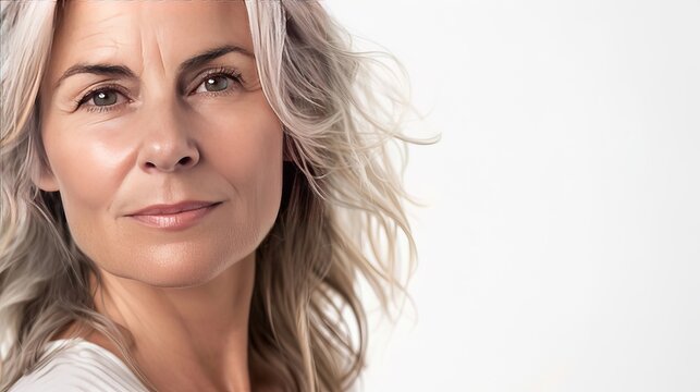 A stunning and attractive woman in her 50s is staring directly at the camera, with a white