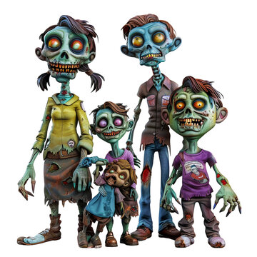 zombie halloween family - vector cartoon illustration isolated on white background 3d render Generative AI