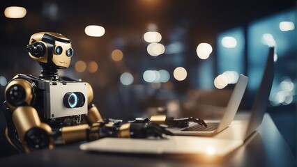Generative AI. machine learning in Daily Life: Empowering Humanity: AI Everyday Impact and help humans. Robot doing strategic planning, taking notes, business multifold.