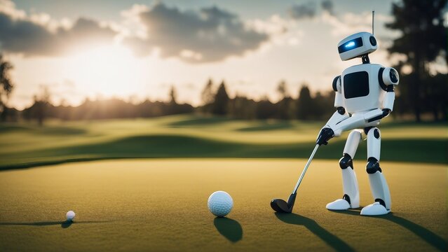 Generative AI. AI in Daily Life: Enhancing Everyday Experiences with Smart Technology. Empowering Humanity: AI Everyday Impact Unveiled in Captivating Imagery. Robot playing golf in field.