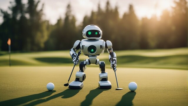 Generative AI. AI in Daily Life: Enhancing Everyday Experiences with Smart Technology. Empowering Humanity: AI Everyday Impact Unveiled in Captivating Imagery. Robot playing golf in field. 2x strength