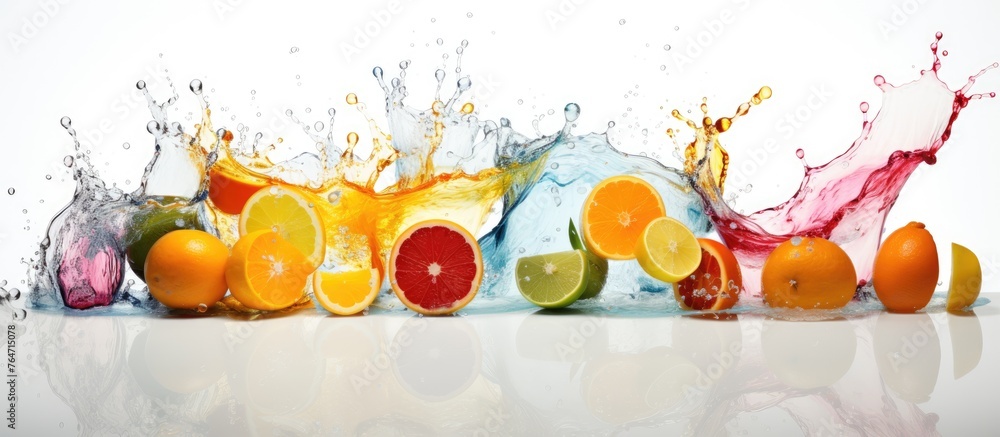 Poster there are many different fruits that are splashing on the surface
