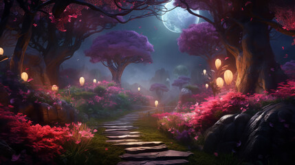 Fantasy fairy tale forest with magical tree background