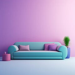 Purple l shaped couch isolated on blue wallpaper, in the style of light pink and light green