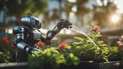 Generative AI. AI in Daily Life: Enhancing Everyday Experiences with Smart Technology. Empowering Humanity: AI Everyday Impact Unveiled in Captivating Imagery. Robots watering plants in  garden.