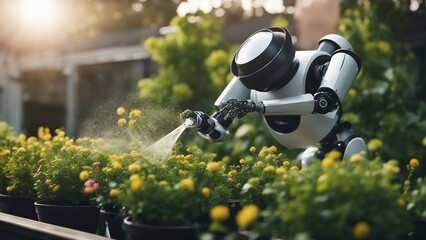 Generative AI. AI in Daily Life: Enhancing Everyday Experiences with Smart Technology. Empowering Humanity: AI Everyday Impact Unveiled in Captivating Imagery. Robots watering plants in  garden.