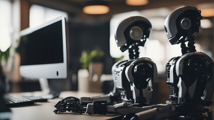 Generative AI. advanced AI in Daily Life: Enhancing Everyday Experiences with Smart Technology. Empowering Humanity: AI Everyday Impact Unveiled in Captivating Imagery. robot working on computer.