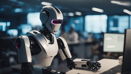 Generative AI. advanced AI in Daily Life: Enhancing Everyday Experiences with Smart Technology. Empowering Humanity: AI Everyday Impact Unveiled in Captivating Imagery. robot working on computer.