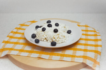Cottage cheese with blueberries in plate on the table