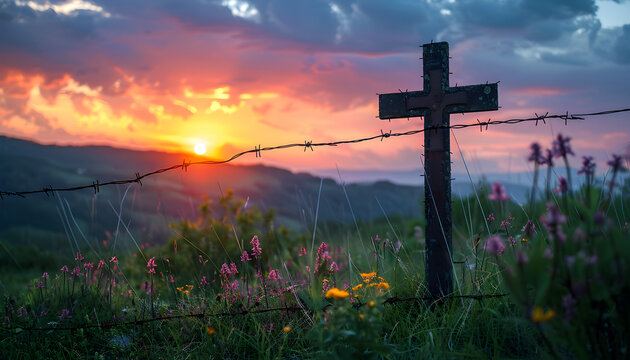 A dramatic image of a cross of Jesus Christ breaking through a barrier wire against a colorful mountain sunset, representing hope and freedom. Suitable for religious or spiritual concepts.