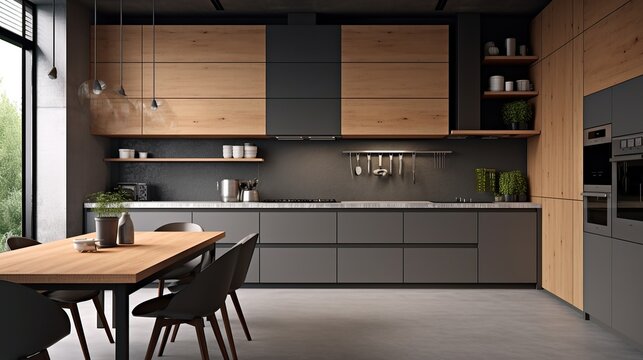 Photo Gray and wooden kitchen corner with cupboards