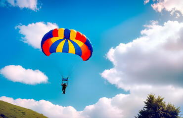 Gliding with a parachute on the background of bright sunset.