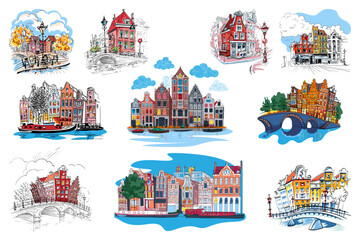 Set of Amsterdam city sketches with traditional canal, typical dutch houses, Holland, Netherlands.