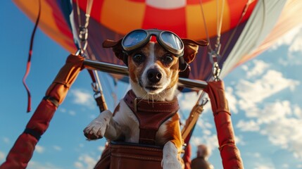 A dog wearing goggles enjoys a ride in a hot air balloon, soaring high above the ground in a whimsical adventure.