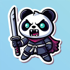 Angry and Scary Panda holding a sword and using it. Cartoon vector logo design. Sticker and illustration