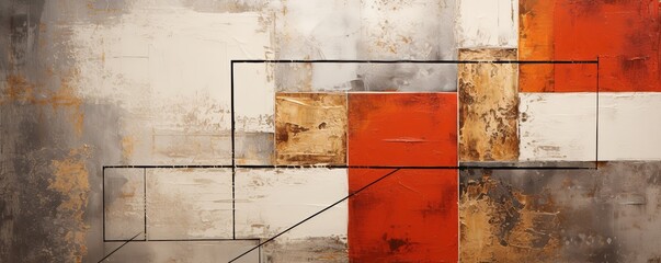 Silver and red painting, in the style of orange and beige, luxurious geometry, puzzle-like pieces