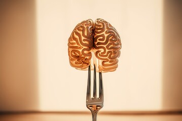 Close-up of fork with brain, symbolizing dependence on healthy eating for human life and well-being - obrazy, fototapety, plakaty