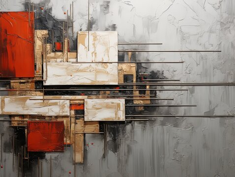 Silver and red painting, in the style of orange and beige, luxurious geometry, puzzle-like pieces