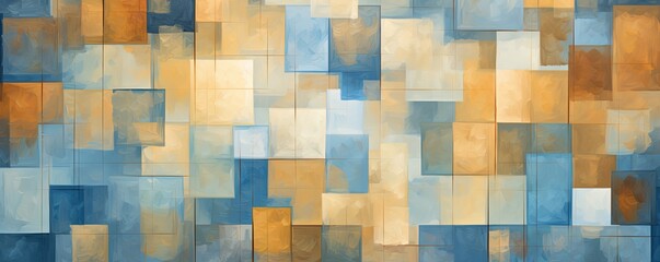 tan and blue squares on the background, in the style of soft, blended brushstrokes