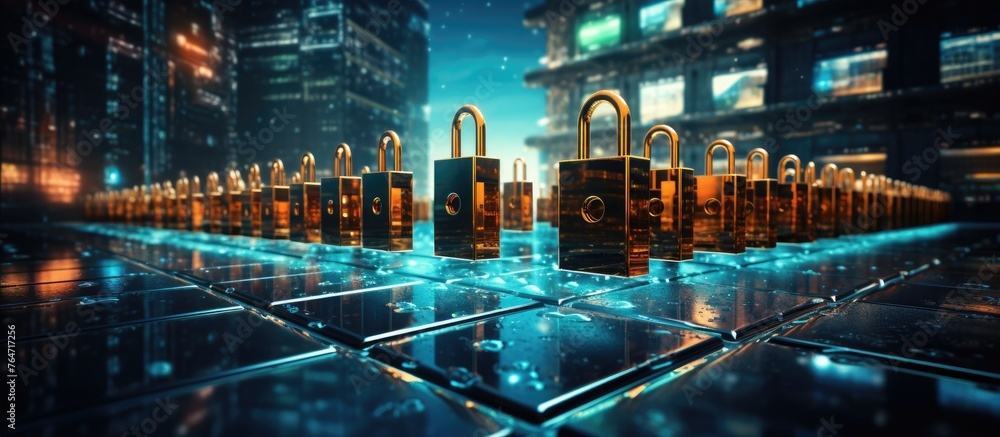 Poster a busy cityscape featuring multiple colorful padlocks attached to various structures, symbolizing se