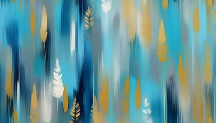 An abstract painting with golden brushstrokes and blue and grey tones resembling foliage