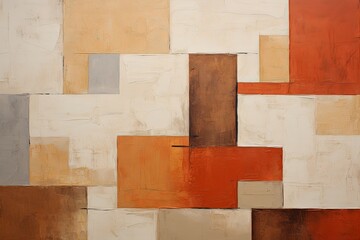 Tan and red painting, in the style of orange and beige, luxurious geometry, puzzle-like pieces