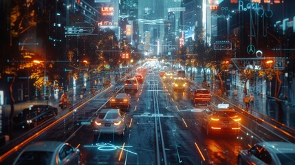 Futuristic Cityscape with Glowing Digital Information Streams
