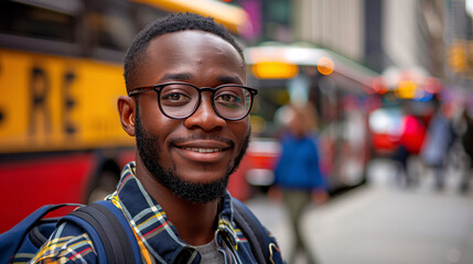 Smiling young man with glasses on a city street with blurred background of a yellow bus.