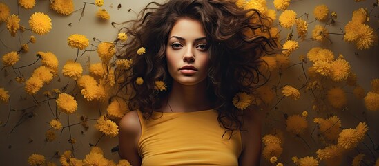 An image featuring a woman standing in front of a wall adorned with vibrant yellow flowers, showcasing her long flowing hair - Powered by Adobe