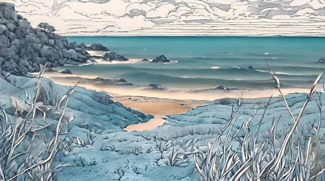 marker drawing animation of a beach scene